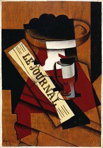 Plat de fruits, verre et journal, 1916
